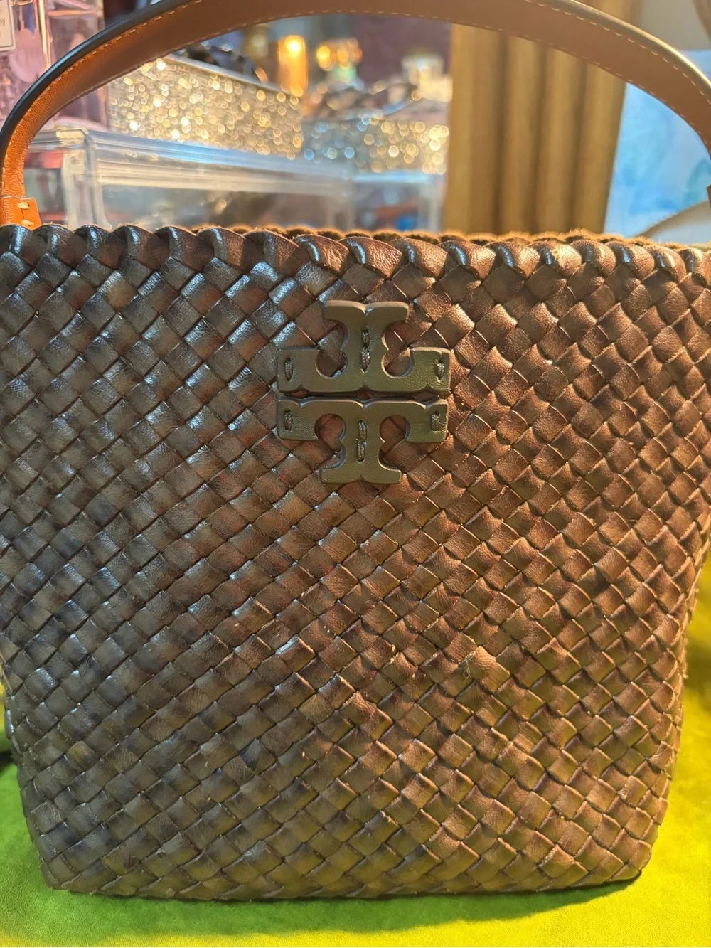 Tory Burch Brown trim Olive Woven Leather GOLD TONE BUCKET BAG